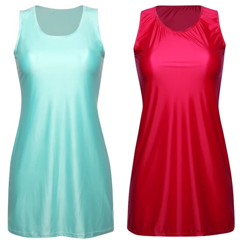 Uomo donna nuovo Sexy Plus size costumi da bagno pigiama lucido allentato girocollo abiti casual oleoso stretto costume da bagno senza cavallo