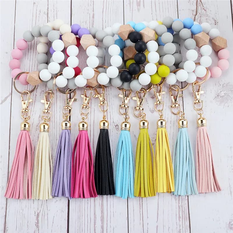 1 pz Silicone perline di legno portachiavi portachiavi per le donne braccialetto braccialetto ciondolo portachiavi con accessori gioielli