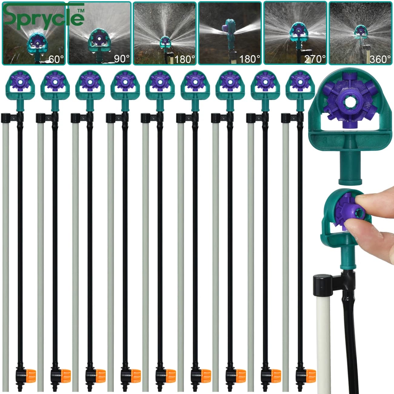 SPRYCLE Garden irrigation Adjustable sprinklers 60/90/180/270/360 degrees 50CM Glass fiber pole for water vase plants