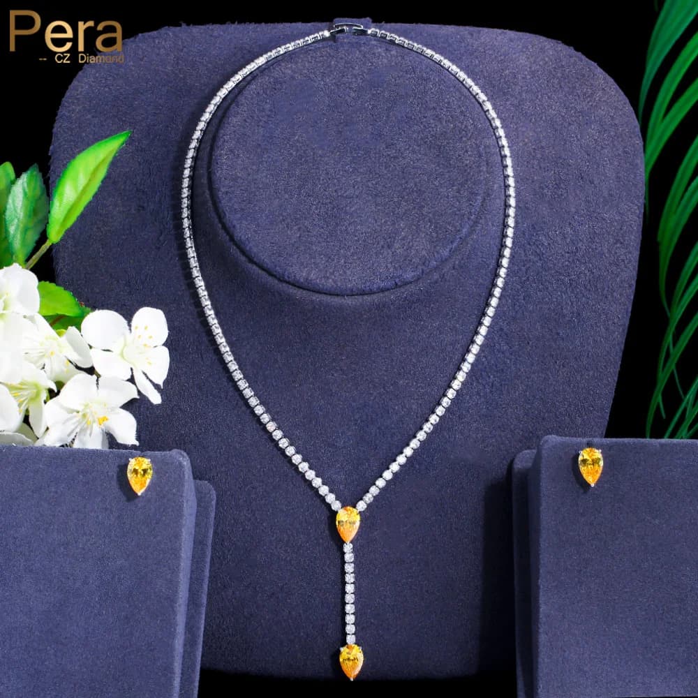 Pera Excellent Quality Shiny White Cubic Zirconia Long Pendant Necklace Earrings Set 2025 New Year Jewelry Gift for Ladies J503