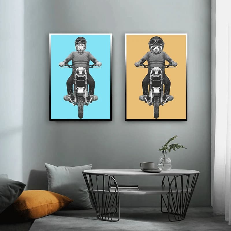 Cute cool tiger and raccoon painting on motorcycle canvas print poster kids room home decoration wall art picture