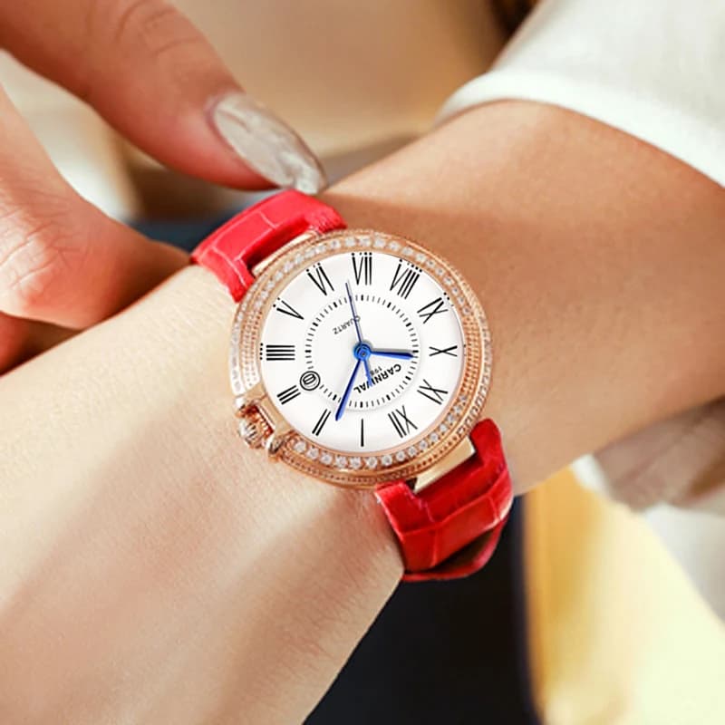 New CARNEVAL Women's Fashion Watches Luxury Rose Gold Women's Watch Casual Quartz Leather Waterproof Women's Relogio