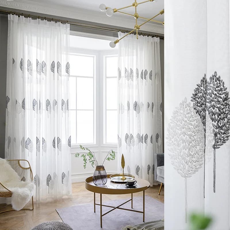Embroidered Tulle Window Curtains Leaf Gauze Custom Curtains Finished Living Room White Yarn