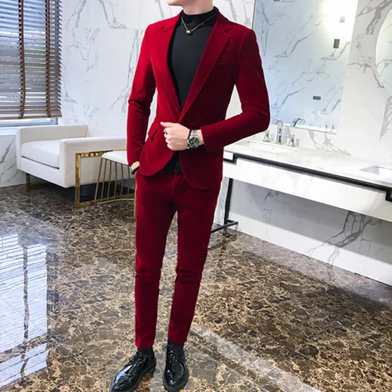 Abiti da uomo Vino Rosso Nero Verde Abiti per uomo Sposo Matrimonio Velluto Smoking Velluto Blazer Giacche Pantaloni 2 pezzi Costume Homme Nuovo