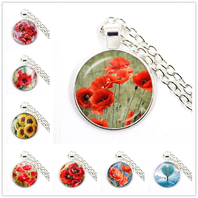 Collana con motivo artistico con fiori di papavero, moda, colore argento, cabochon in vetro, gioielli, stile semplice, ciondolo, regalo per donna e uomo