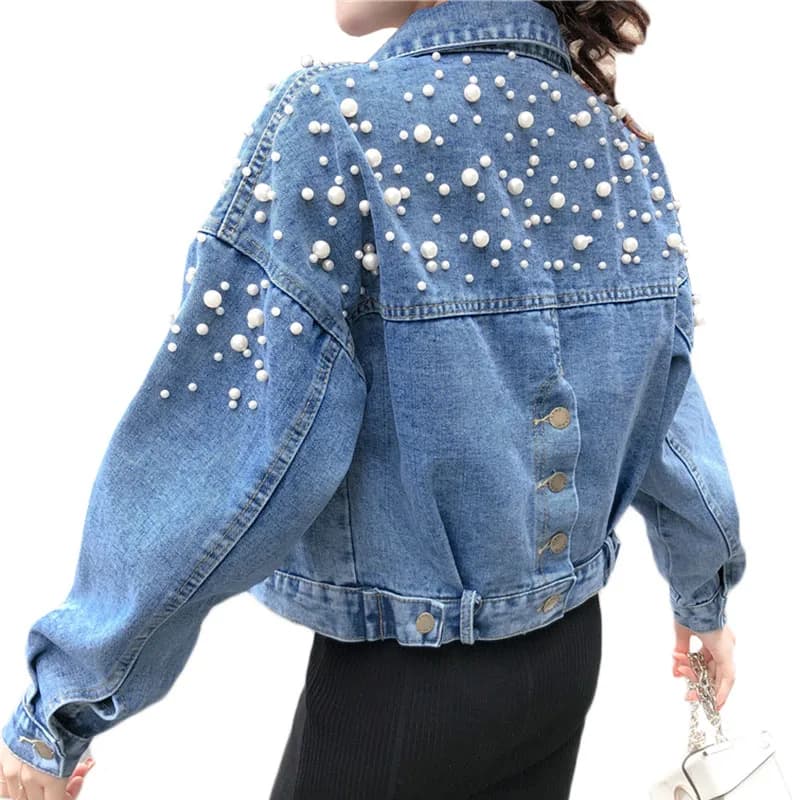 Spring Jacket Women Beaded Denim Coat New Korean Loose Long-sleeved Single-breasted Blue Jeans Jacket Female Windbreakers J205