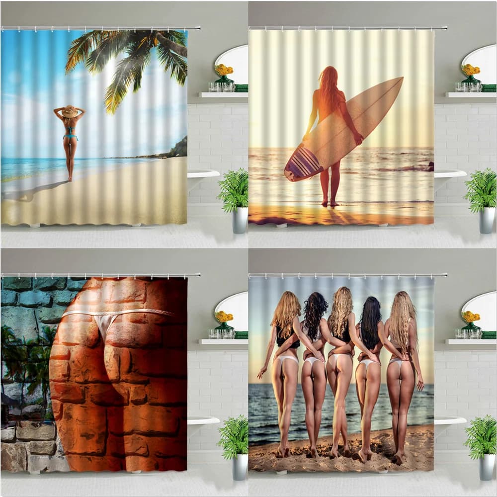 Sunlight Beach Girl Palm Tree tavola da surf paesaggio tende da doccia donna Sexy 3D stampato Chic tenda bagno Decor con ganci