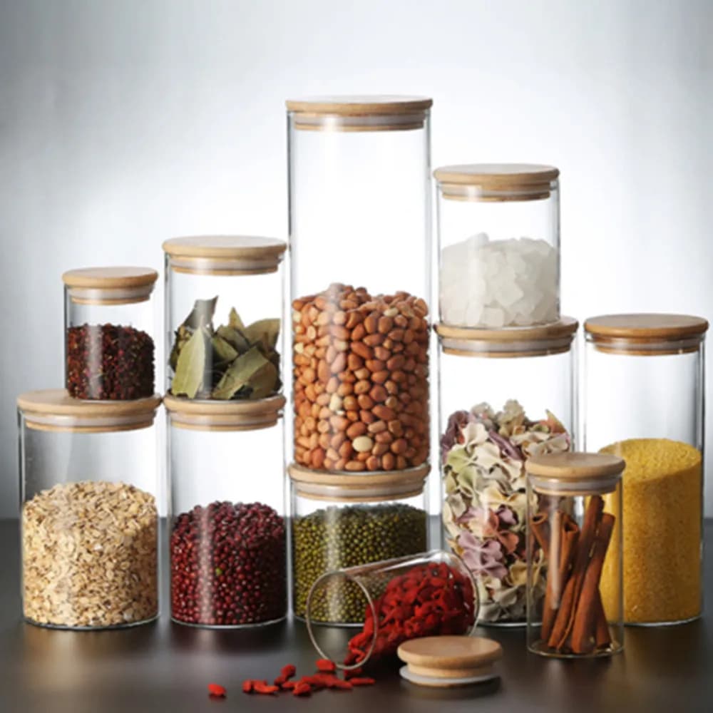 High Borosilicate Glass Airtight Storage Jars with Bamboo Lids, Straight Cylindrical Canisters for Tea, Dried Fruits, Snacks