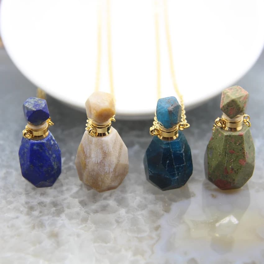 Natural Quartz Faceted Perfume Bottle Pendants Memorial Jewelry,Healing Gems Essential Oil Diffuser Vial Necklace,Women Gift
