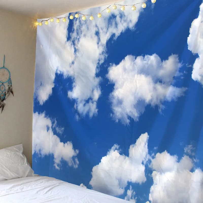 Tape with blue sky and white clouds, wall decoration, hippie-style room wallpaper fabric, boho-style home decoration, beach mat, yoga mat, sofa bed sheet