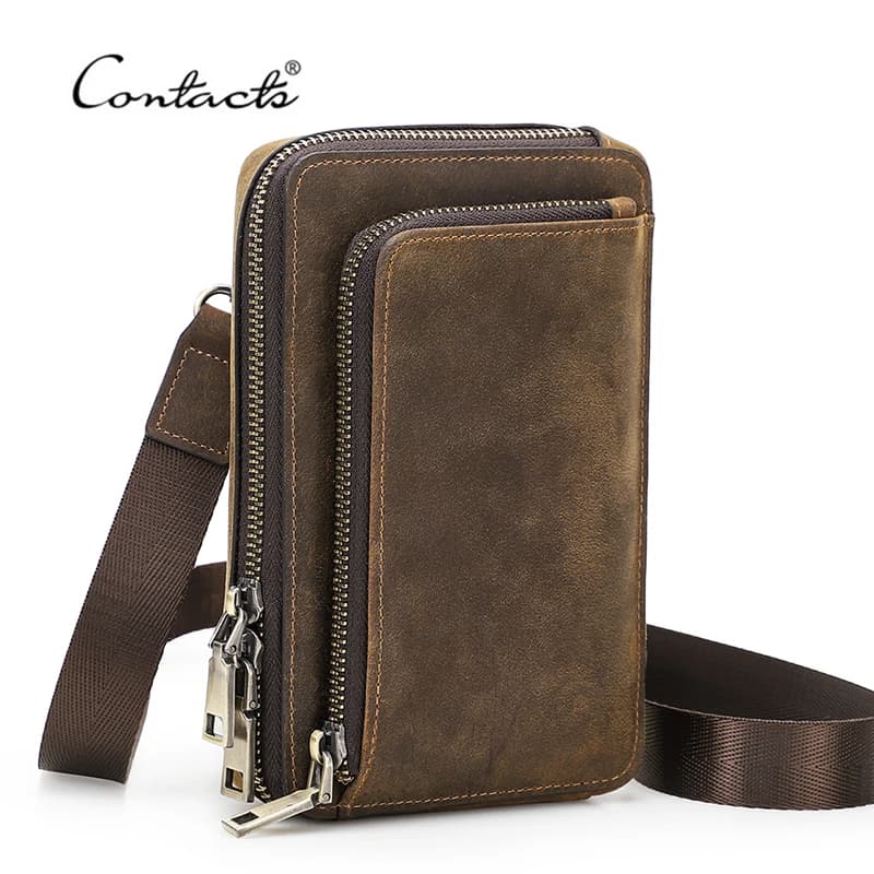 Borsa a tracolla da uomo in pelle Crazy Horse CONTACT'S, marsupio casual da uomo, borsa a tracolla piccola con tasca per telefono