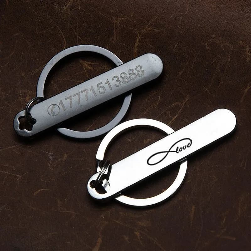 Keychain with custom phone number Cute animals excavated Keychain with custom titanium bar Laser Engraving Name Car Keychain Gifts