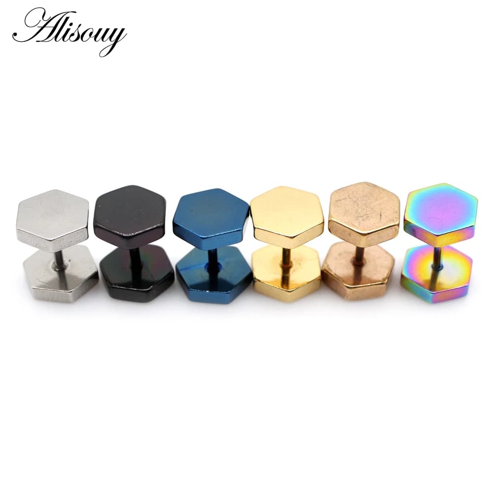 Alisouy 2 pcs Hexagonal Pin Earrings in the shape of black and blue stainless steel handlebar, punk style, unisex, man and woman jewellery, piercing jewelry