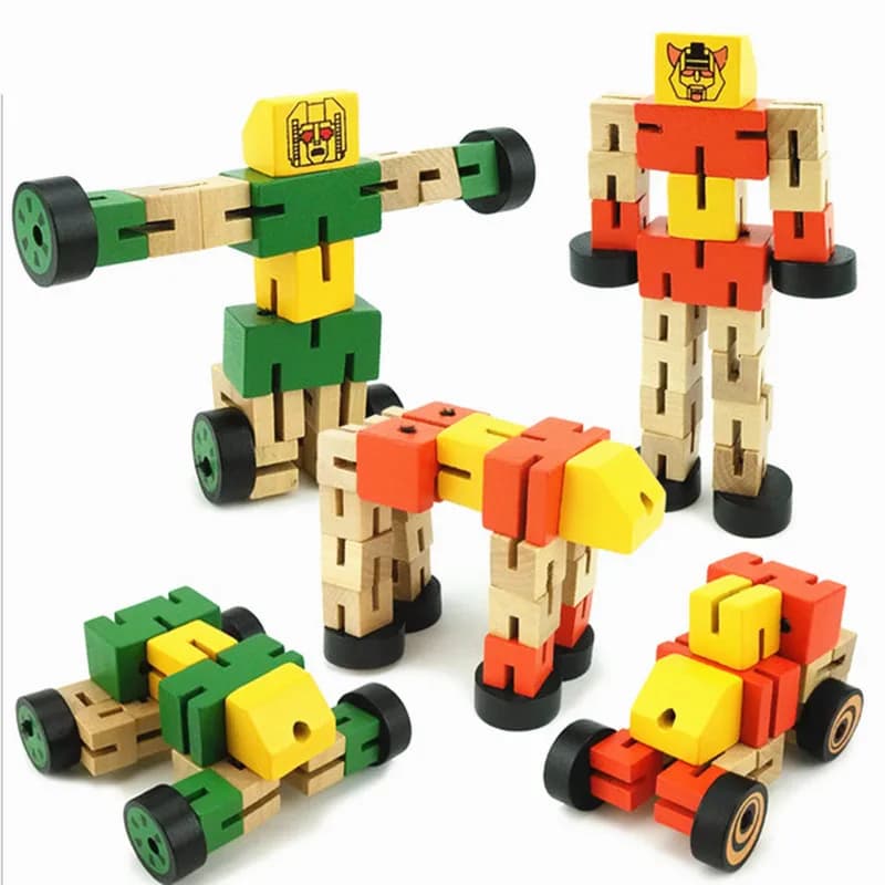Giocattolo pieghevole manuale del blocchetto di costruzione del Robot di trasformazione di legno dei bambini per il regalo educativo del giocattolo di Puzzle del modello di figura di Autobot dei bambini