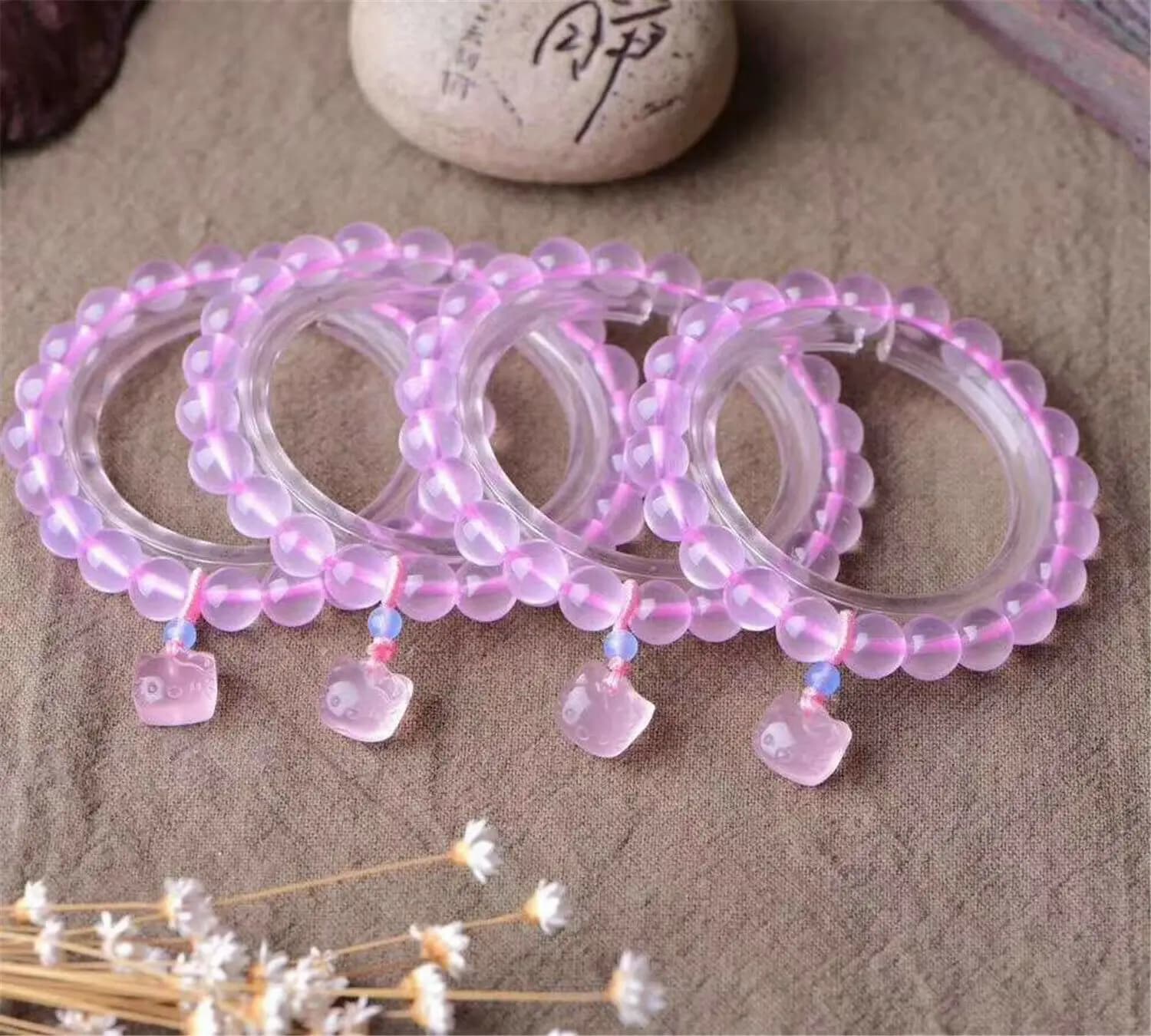 Bracciale con ciondolo gatto in cristallo di quarzo rosa naturale rosa 8mm Donna Stretch Perline rotonde trasparenti Ciondolo gatto Amore AAAAA