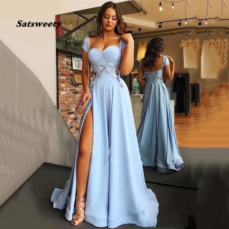 Abiti da festa da ballo formali blu cielo Abiti da sera con applicazioni spaccate laterali sexy Abiti da ballo con maniche ad aletta e scollo a cuore