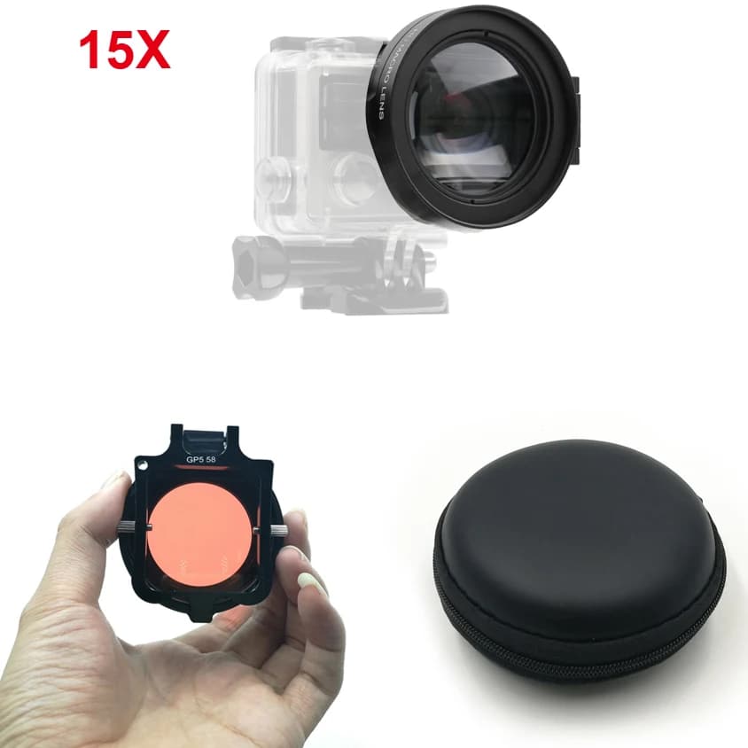 58mm 16x Close-up Macro Red Diving filtri subacquei per Go Pro 3 + 4 5 6 7 accessori custodia impermeabili originali neri