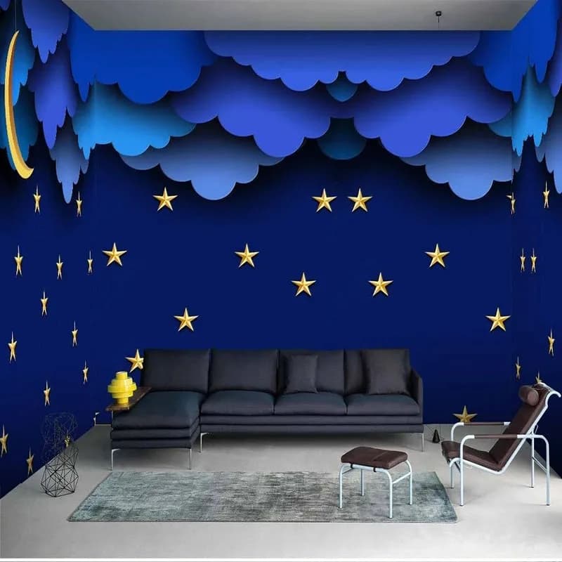 Custom Wallpaper Blue Starry Sky Clouds Moon Children's Room House Background Wall 3D Sticker Fresco Papel De Parede
