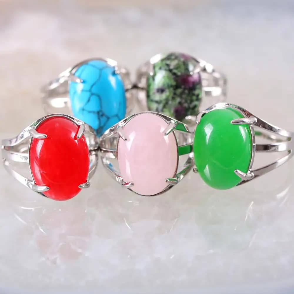 1Pcs Adjustable Ring For Women Natural Stone Pink Quartz Crystal Oval CAB Cabochon Bead Finger Rings