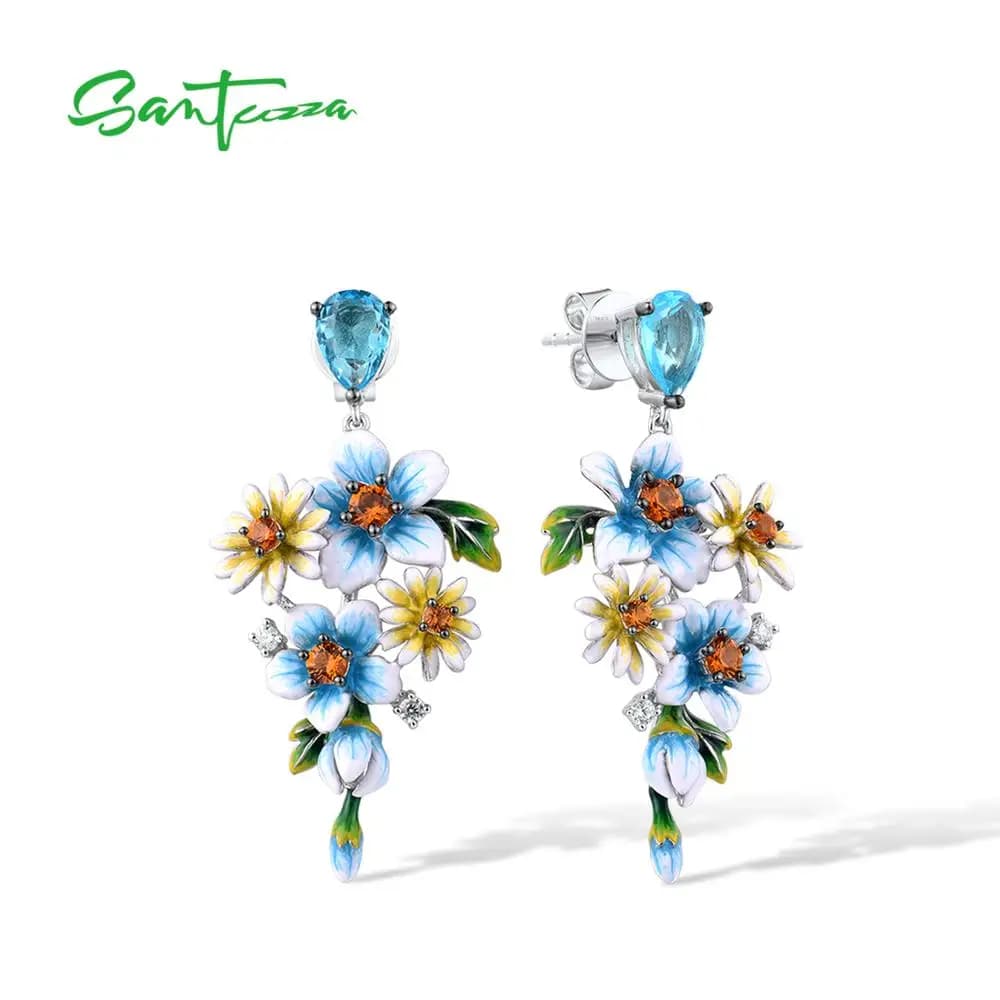 SANTUZZA Orecchini in argento sterling puro 925 per le donne Delicate fiori blu gialli Cubic Zirconia Gioielleria raffinata Smalto fatto a mano