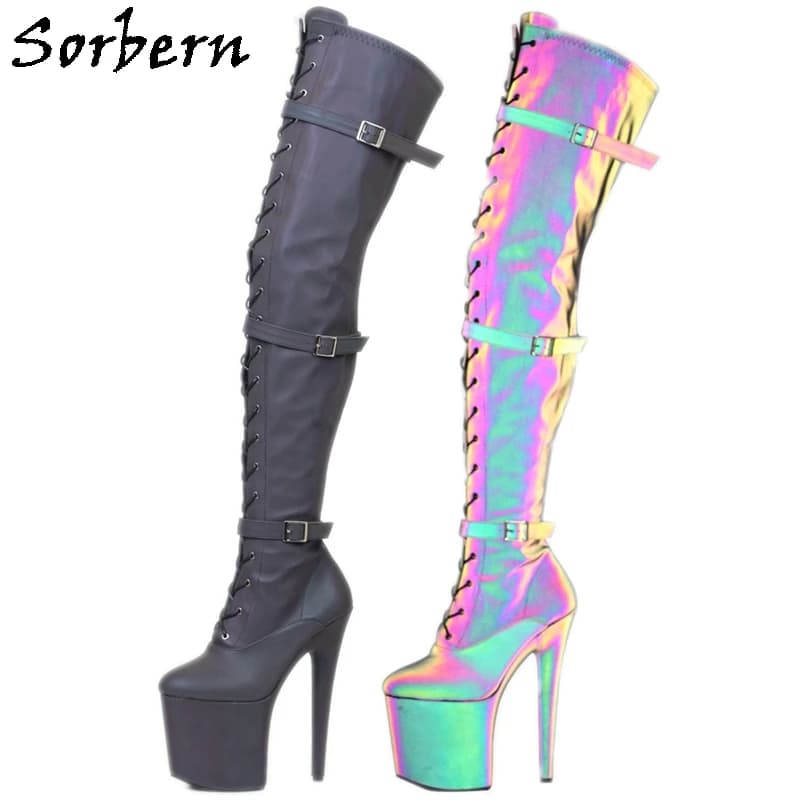 Sorbern Reflective Black Mid Thigh High Boots For Pole Dancer Stripper High Heels 8 Inch Customized Long Boot Unisex Shoes