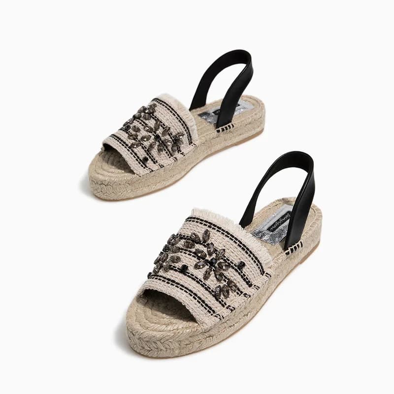 Sandali piatti da donna estivi 2026 con plateau spesso, punta aperta, in paglia e canapa, con strass, stile Fisherman, per vacanze
