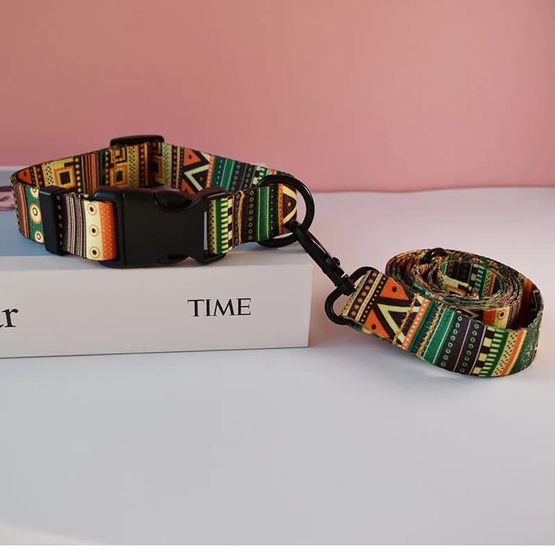 Collare e Guinzaglio per Cani in Nylon Stile Etnico Stampato, Regolabile per Cuccioli e Cani di Piccola Taglia, con Incisione Gratuita
