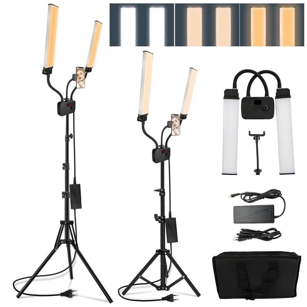 Luce di Riempimento Fotografica a Doppio Braccio con 224 LED, 3200-5600K, Strisce LED Lunghe, Lampada con Schermo LCD, Illuminazione per Studio Fotografico e Trasmissioni in Diretta