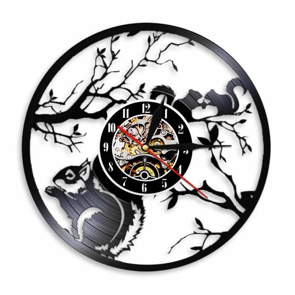 Squirrel of the forest holding an acorn Wall clock with vinyl disc Modern design Animal Home decoration Wrist watch Unique gift idea