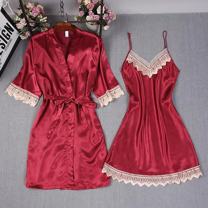 Moda Donna Borgogna Abito in seta sintetica Hot Summer Camicie da notte sexy in pizzo Abito da notte da donna Pigiama da donna Set Accappatoio