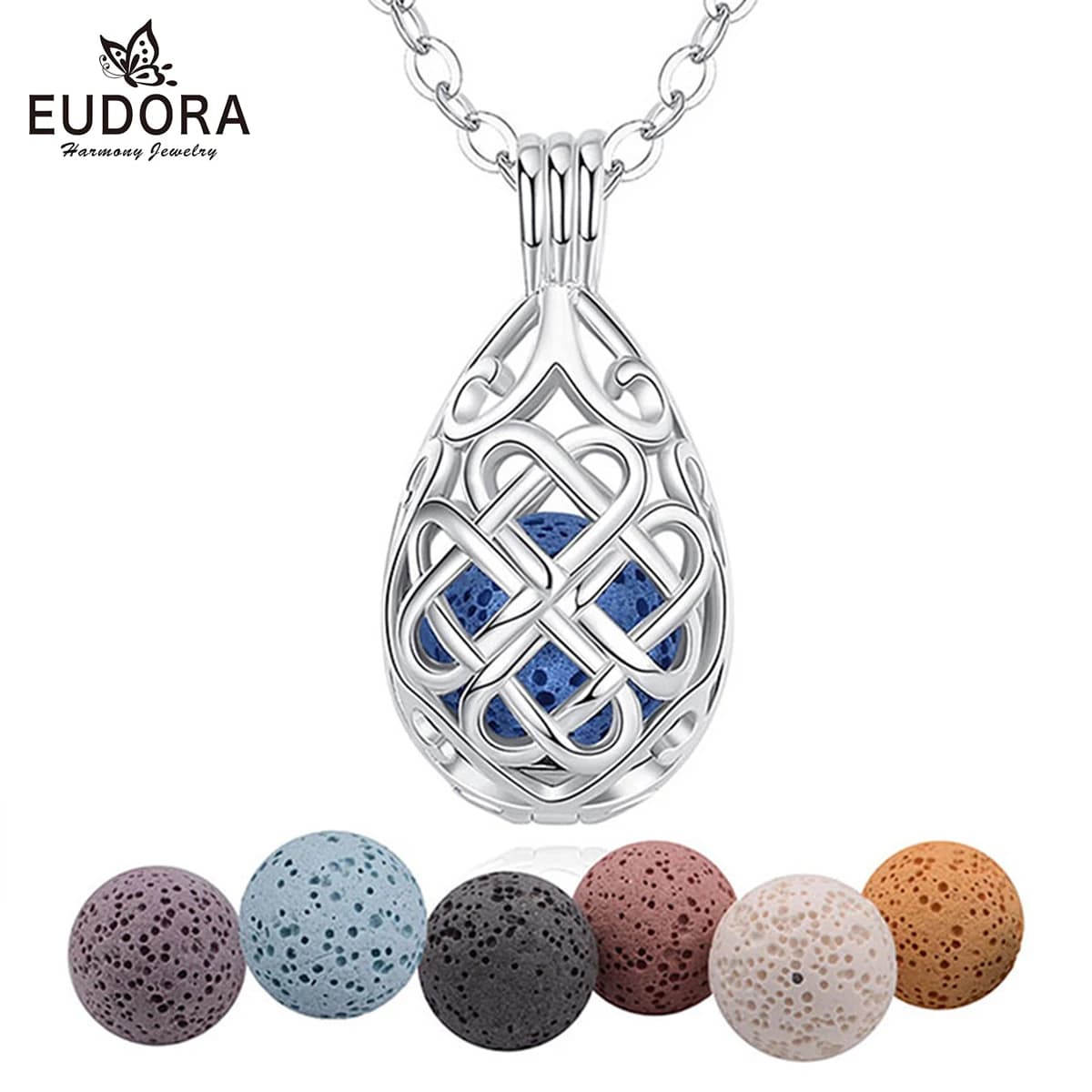 EUDORA New 12mm aromatherapy perfume essential oils diffuser water drop necklace cage pendant with funny lava stone K340N14