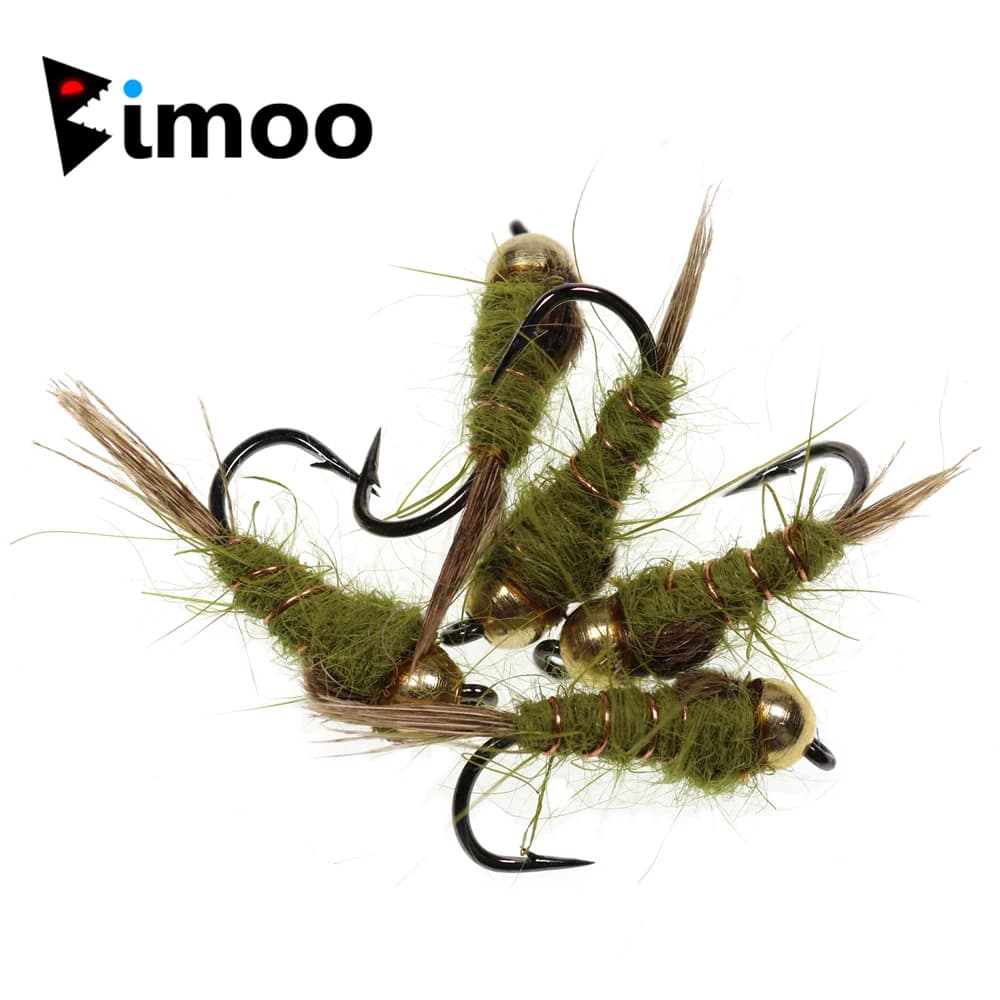 Bimoo 10 pezzi classici # 14 Perline in ottone con orecchio di lepre ponderato, pesca alla trota, bagnato/ninfo, esca per mosche, grigio oliva