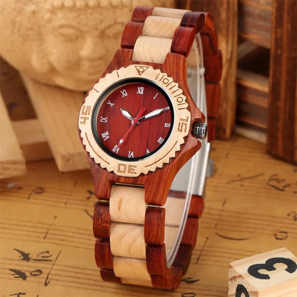 Bracciale orologio da donna in legno movimento al quarzo numeri romani bianchi Display orologio da polso da donna in legno pieno orologio da donna elegante