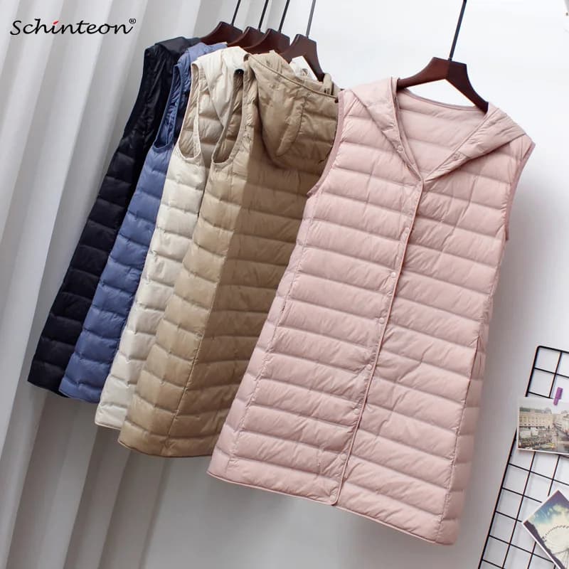 Schinteon Gilet lungo da donna ultraleggero con cappuccio Gilet slim casual 90% Gilet in piuma d'anatra bianca Nuovo 2024 Vendita calda di moda