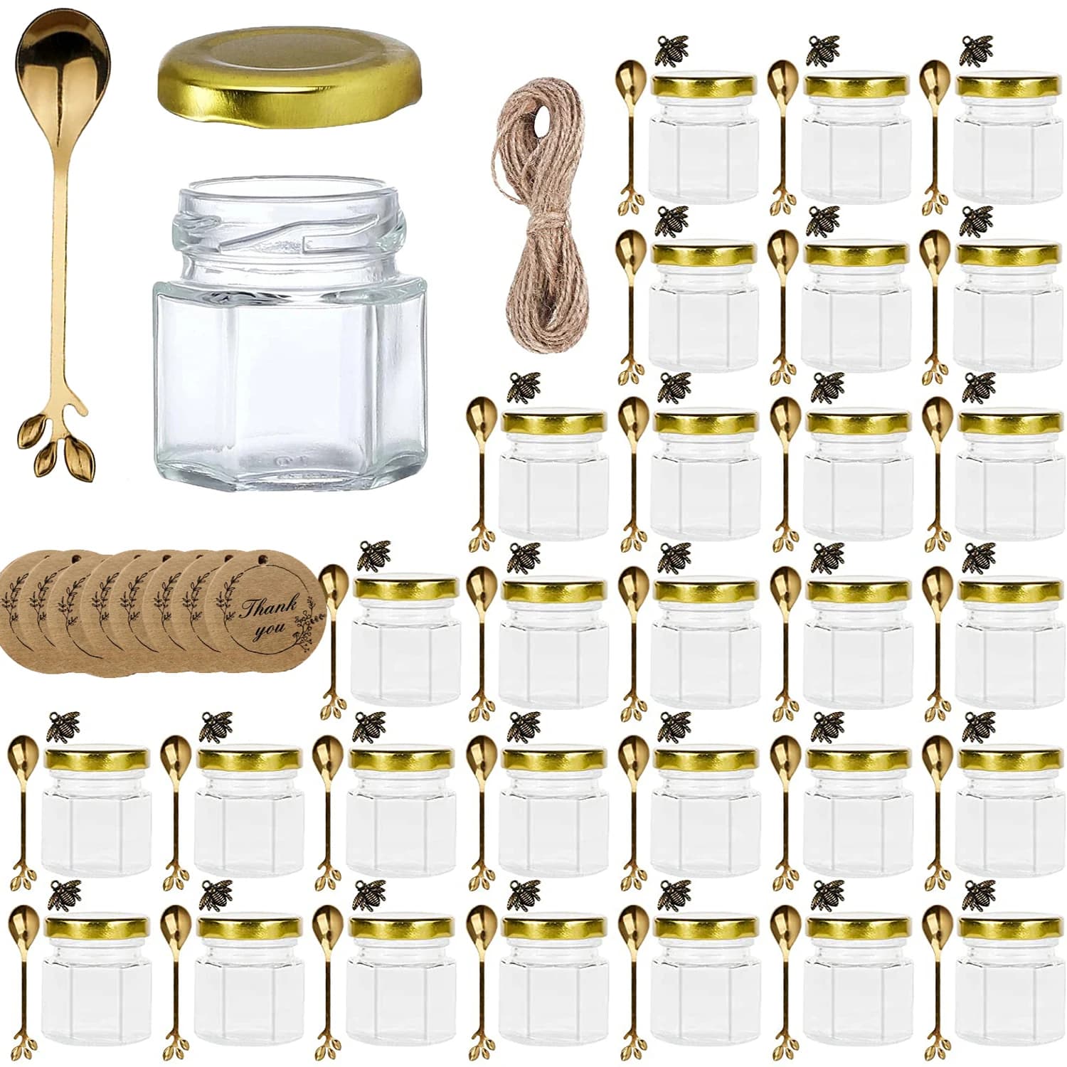 Mini barattoli di miele esagonali con coperchi, cucchiaio dorato, barattoli di miele in vetro per spezie per baby shower, bomboniere, bomboniere, fai da te