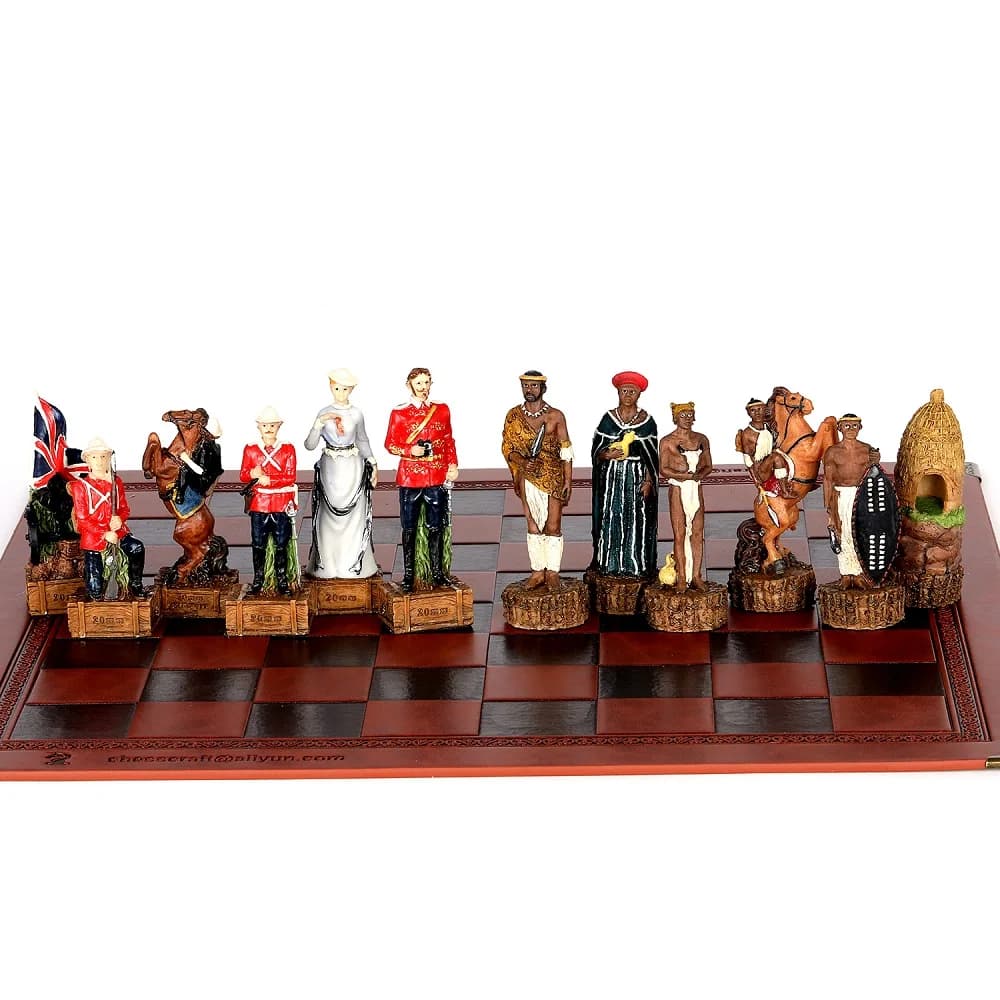 Set di scacchi con 32 pezzi di scacchi africani Zulu War abbinati a tavola in pelle goffrata in pelle e tavola in legno 2 scelte di lusso