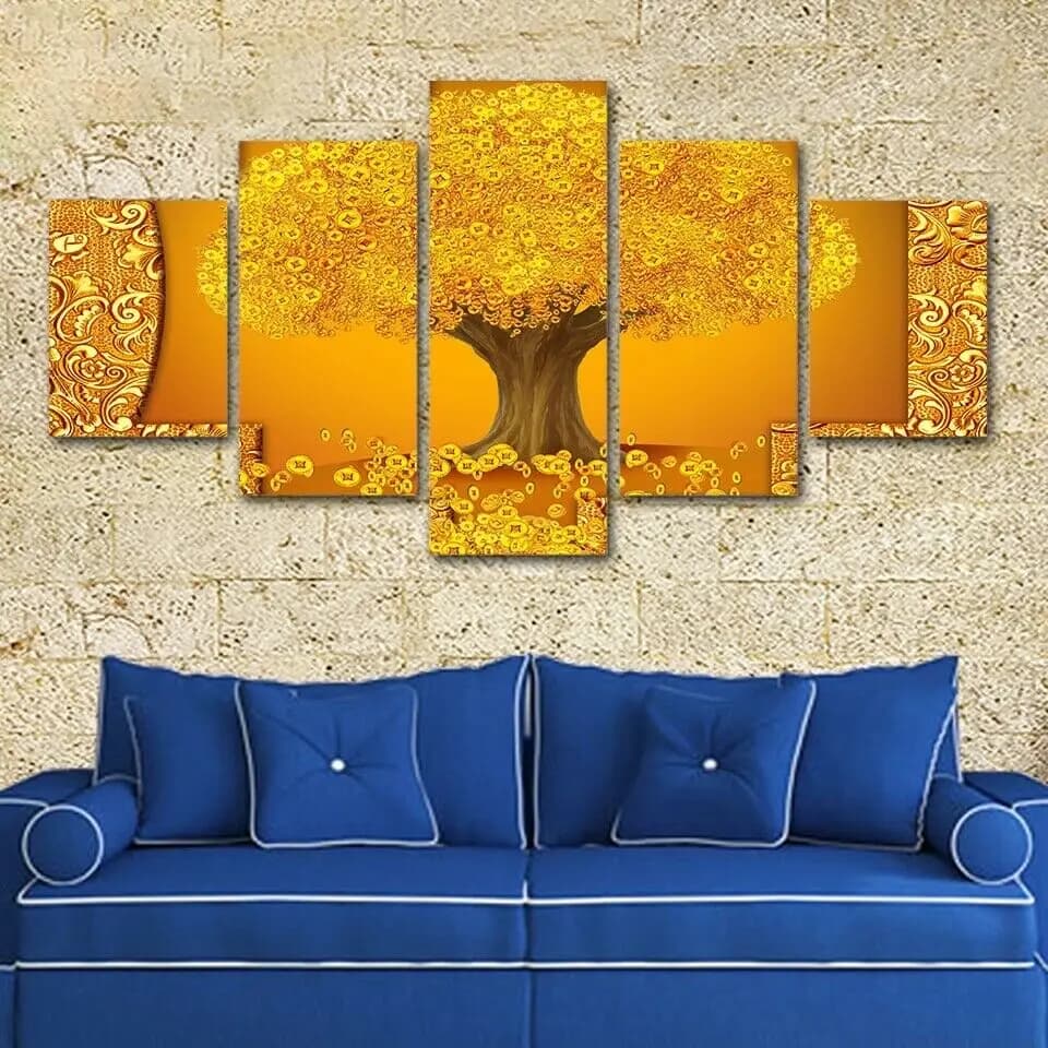 5 Pieces On Canvas Golden Coins Yellow Tree Art Print Wall Decorations For Home HD Pictures 5 Panels Without Framed Paintings