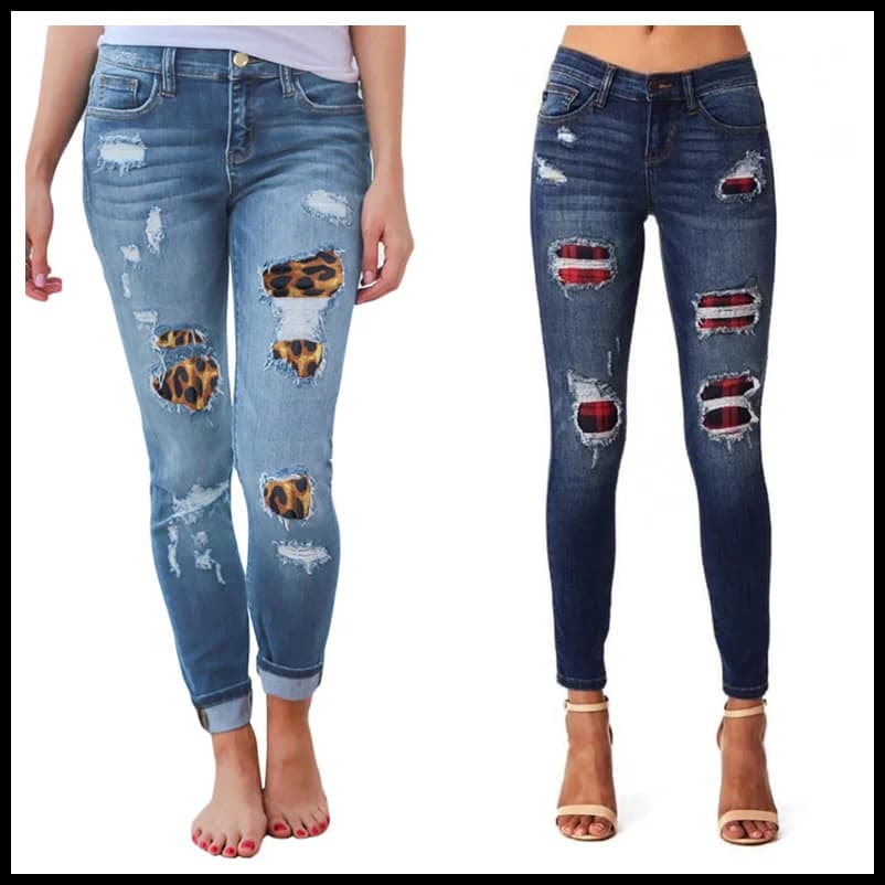 Vendita calda delle donne strappato leopardo dei jeans di stampa di stirata di Modo Scarni pantaloni della matita del denim Strada casuale pantaloni a vita bassa dei jeans S-2XL