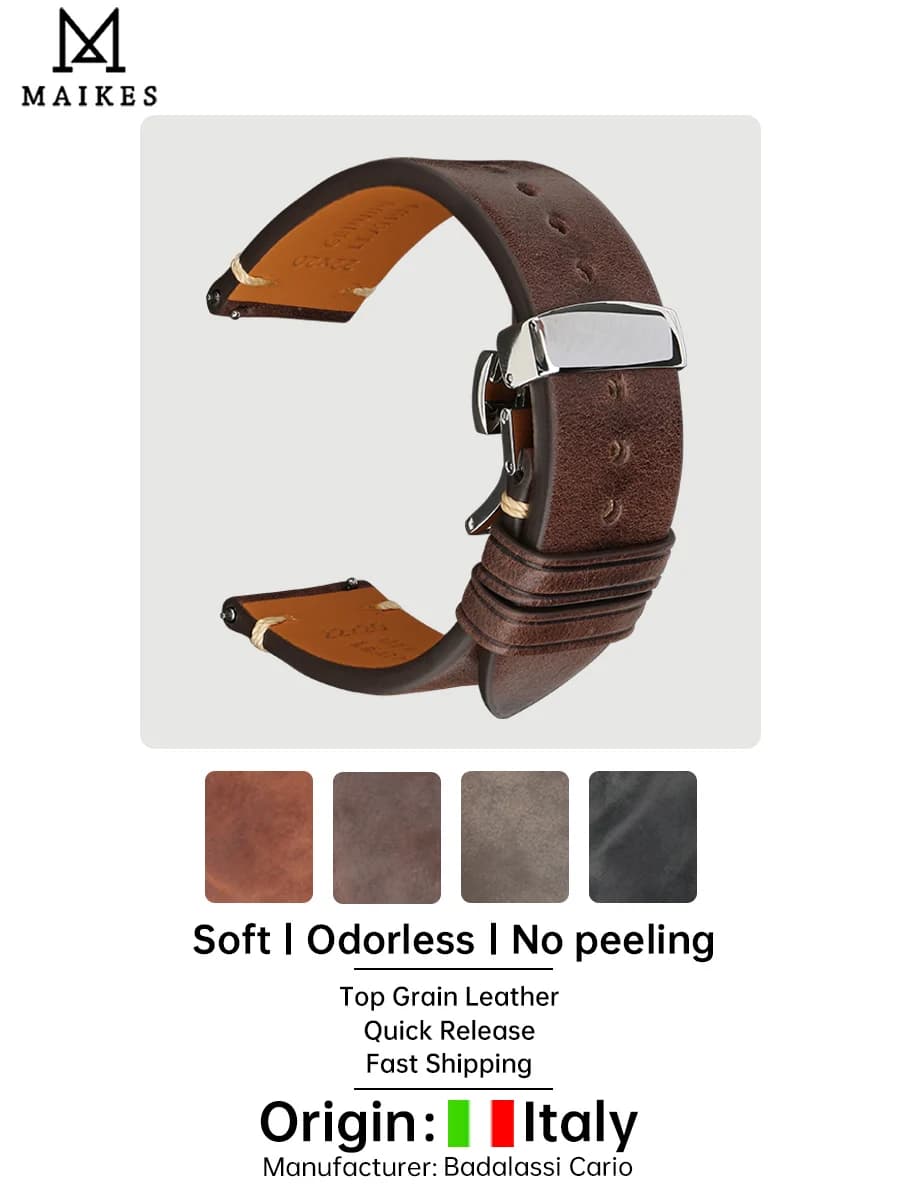MAIKES Handmade Quick Release Watch Band With Butterfly Buckle Leather Made in Tuscany Italy Bracelets Watch Strap