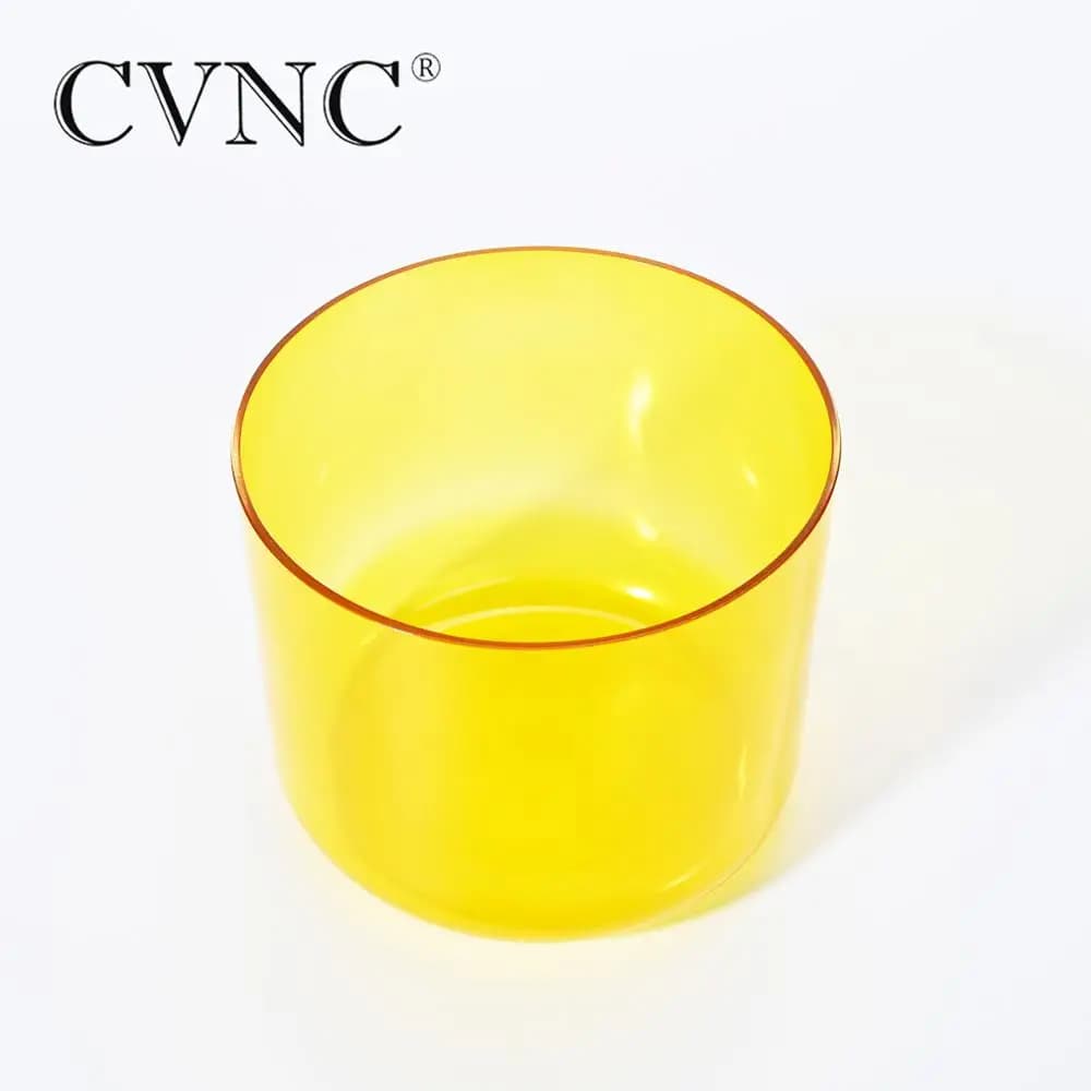 CVNC 6 Inch E Note Yellow Colored Clear Quartz Crystal Singing Bowl for Meditation and Sound Healing with Mallet