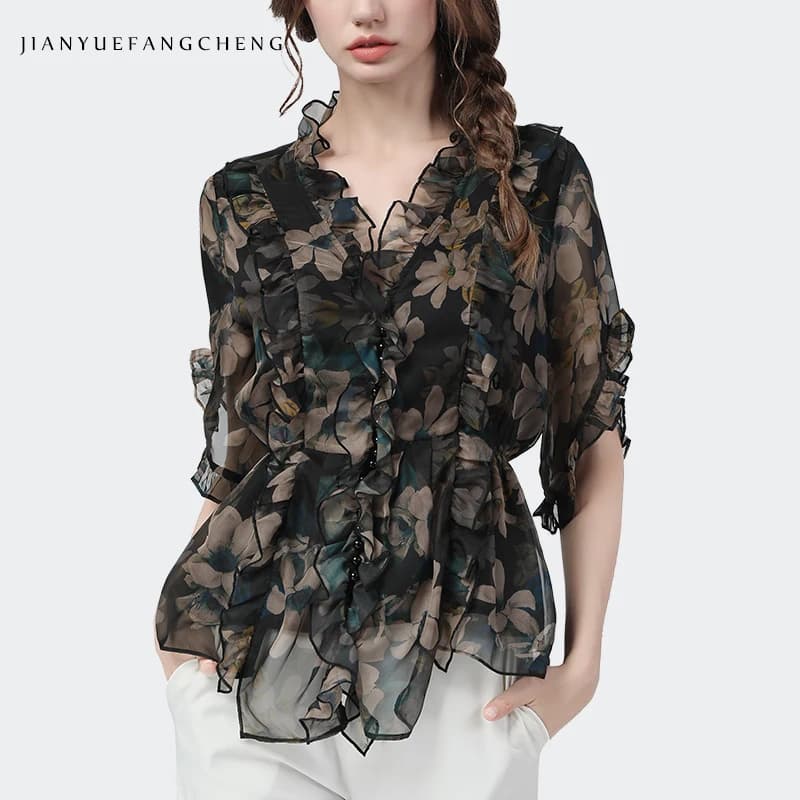 Top in chiffon grigio stampato con fiori alla moda Camicetta primavera estate da donna Manica lunga con scollo a V Camicie casual vintage larghe taglie forti