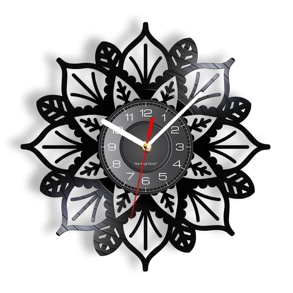 Orologio da parete silenzioso in vinile con mandala Fiore della Vita, creativo, a forma di loto, arte indiana, decorazione per la stanza, semi, Satori, yoga, souvenir, regalo