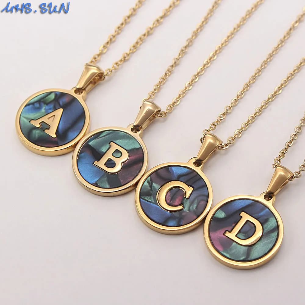 MHS.SUN Fashion Stainless Steel Round 26 Letter Chain Necklaces Abalone Shell Alphabet Pendant Necklace For Women Men Jewelry