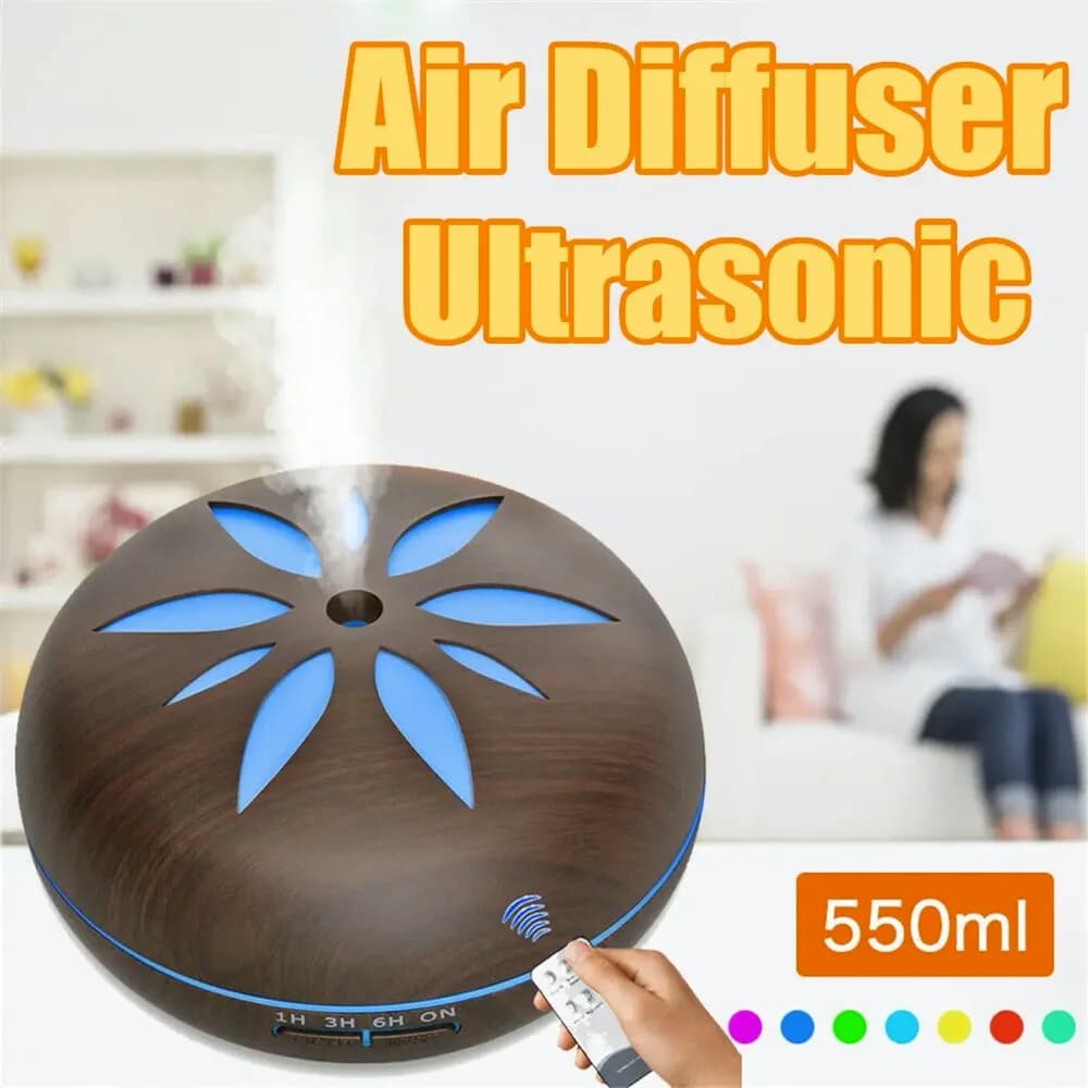 Umidificatore d'aria, diffusore di oli essenziali, aromaterapia, ultrasuoni, aroma, telecomando, effetto legno, con 7 luci LED, 550 ml, per casa e ufficio
