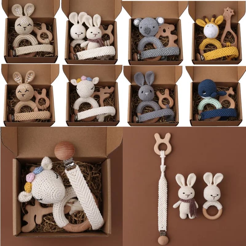 1Set Crochet Bunny Baby Massaggiagengive Sonaglio Sicuro Legno di faggio Massaggiagengive Anello Ciuccio Clip Catena Set Neonato