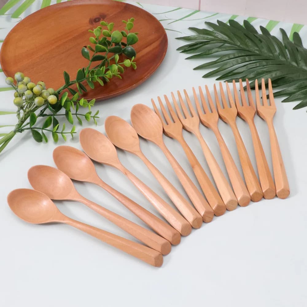 Jaswehome 6/12 pieces teaspoons wooden forks set of kitchen cutlery tablespoons environmental dessert spoons soup for lunch kitchen utensils