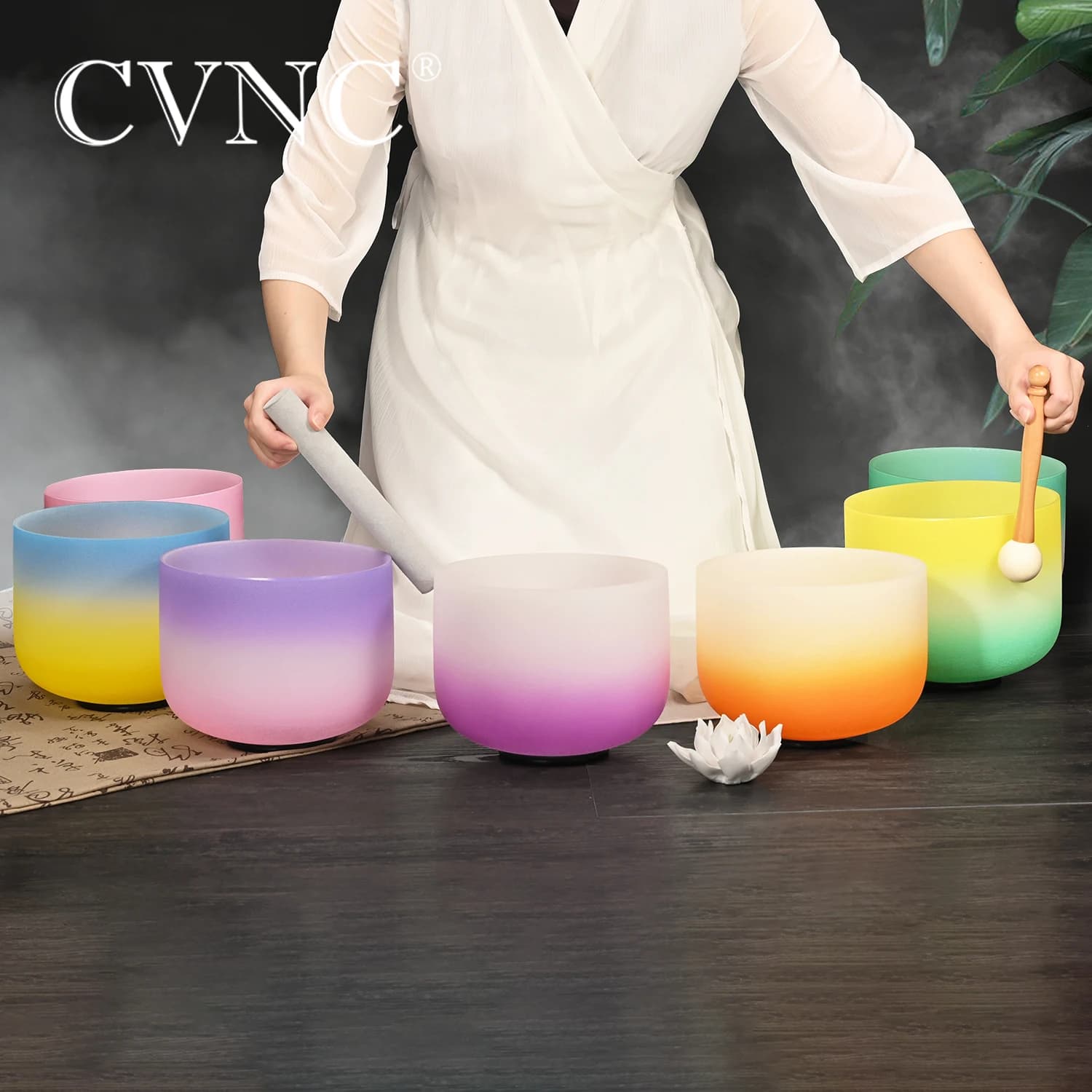 CVNC 8-14" Candy Colored Quartz Crystal Singing Bowls Set of 7pcs CDEFGAB Note For Sound Healing and Meditation with bags