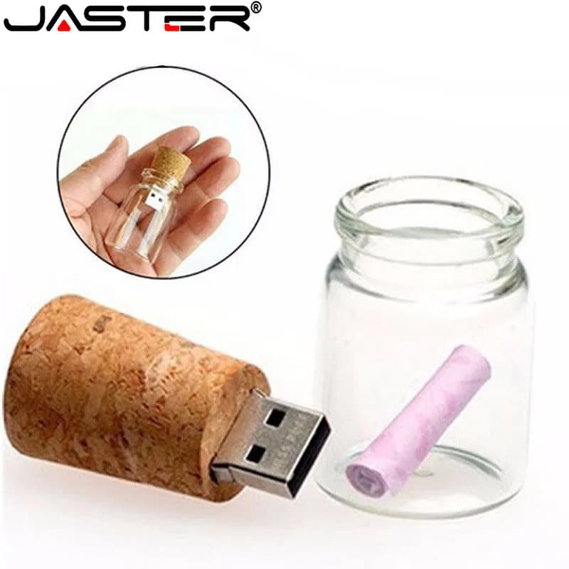 JASTER USB 2.0 Graziosa bottiglia a forma di bottiglia di vetro con tappo in sughero, chiavetta USB da 4GB 16GB 32GB 64GB, pen drive, scheda di memoria, regalo per amanti, 1 pezzo, logo gratuito.