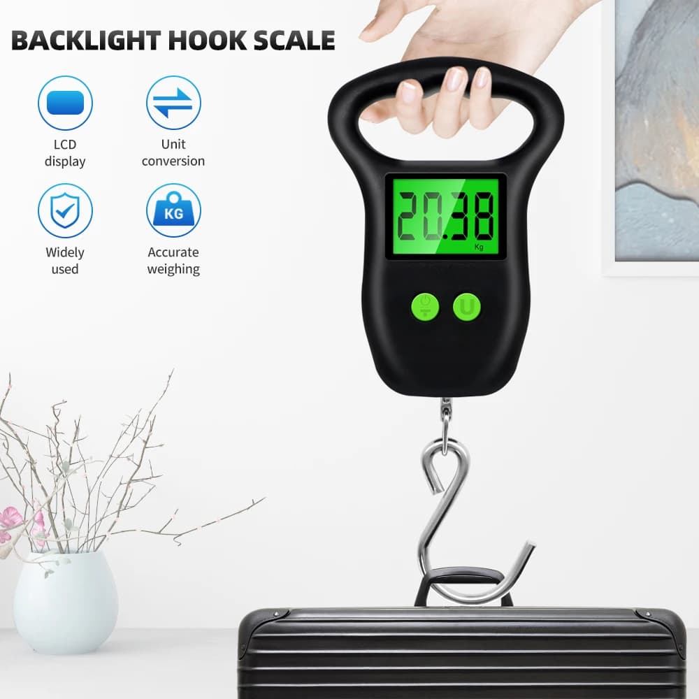 Bilancia per bagagli digitale portatile portatile 50Kg 10g Gancio per pesci Bilancia per appendere Nastro di misurazione Display LCD retroilluminato