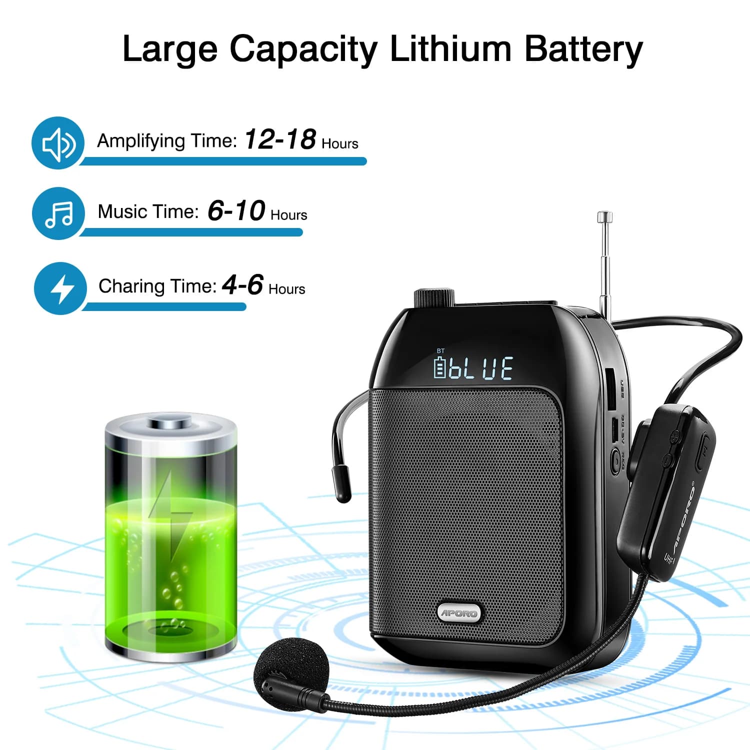 APORO T9 megafono portatile UHF Wireless Bluetooth altoparlante 15W Cordless amplificatore vocale altoparlante 7.4V Lautsprecher Radio FM